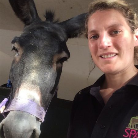 Woman and grey donkey