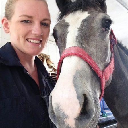 Blonde woman and a grey horse