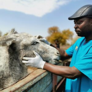 Grey donkey having its eye examined by a vet