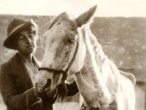 Old photo with woman and a white horse