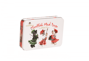 Tin of biscuits with dogs on the front