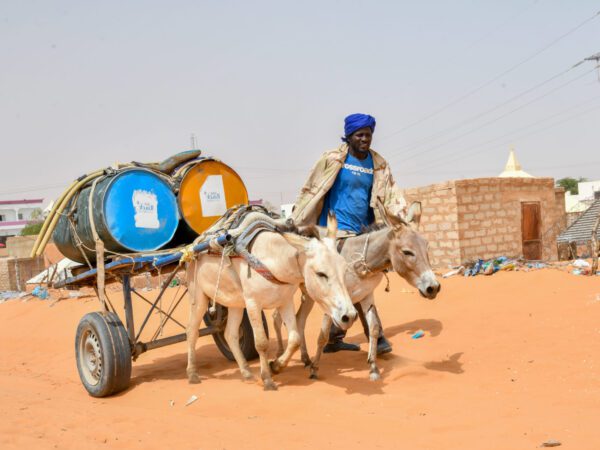 two donkeys carrying water drums on a cart walk next to their owners in arid dry desert landscape